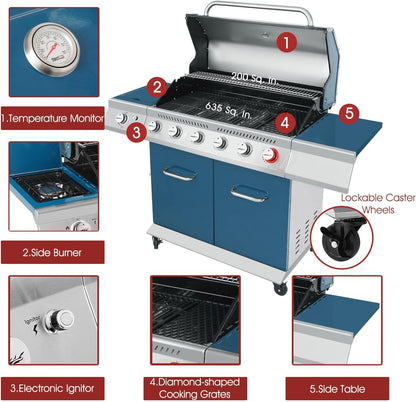 Royal Gourmet GA6402S 6-Burner Propane Gas Grill with Side Burner and Warming Rack, 74,000 BTUs, Cabinet Style Outdoor BBQ Grill for Barbecue Grilling & Backyard Cooking, Silver