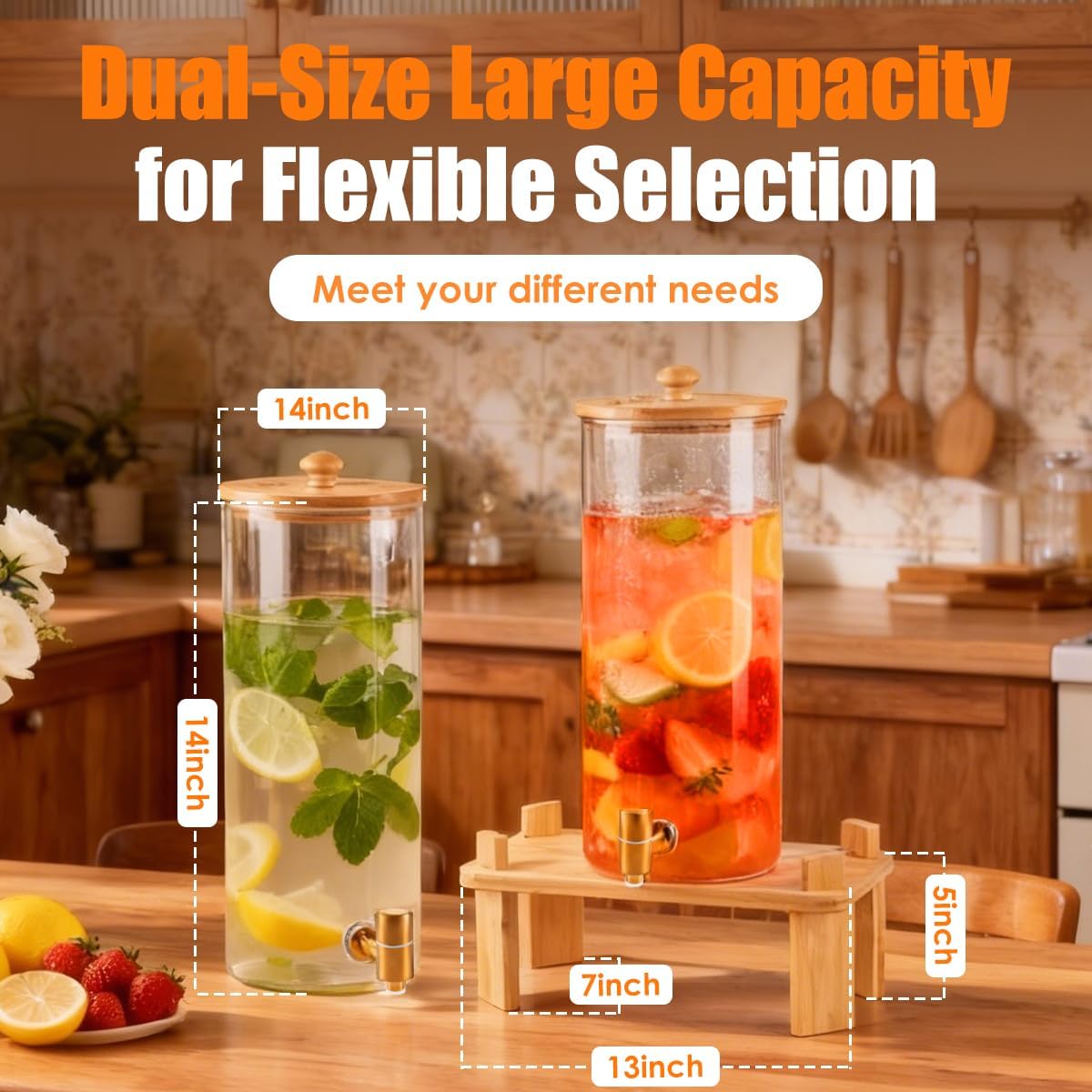1.5 Gallon 2 Pack Glass Drink dispenser for parties,Beverage Dispenser With Wood Stand,Water Dispensers with spigot,lemonade dispenser,juice containers & water pitcher with lid