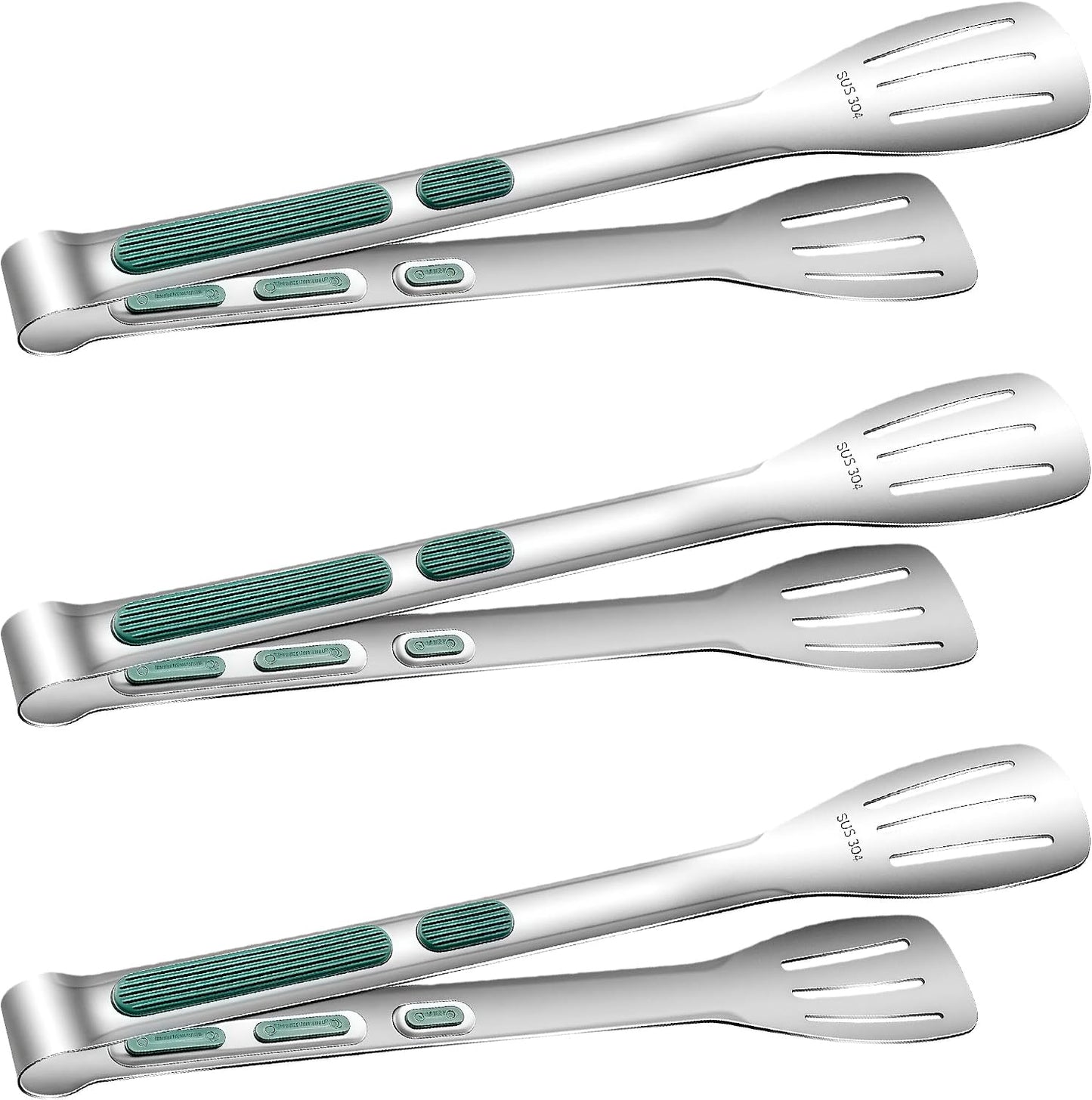 Stainless Steel Kitchen Tong Set - Anti-Slip Heat-Resistant Grip, Widened 3-Line Slotted Heads for Easy Clamping (Steaks, BBQ, Pasta, Salads), Easy Clean for Versatile Use Set of 3-6", Silver
