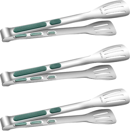 Stainless Steel Kitchen Tong Set - Anti-Slip Heat-Resistant Grip, Widened 3-Line Slotted Heads for Easy Clamping (Steaks, BBQ, Pasta, Salads), Easy Clean for Versatile Use Set of 3-6", Silver