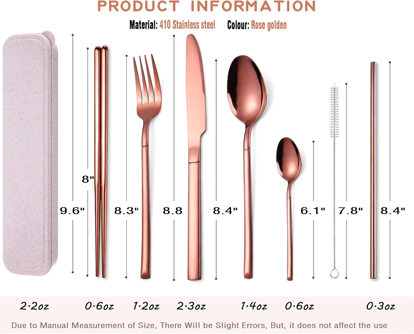 AARAINBOW 7 Pieces Stainless Steel Flatware Set Portable Reusable Cutlery Set Travel Utensils Set Including Chopsticks Knife Fork Spoon Straws Cleaning Brush Dishwasher Safe (Pink Golden)