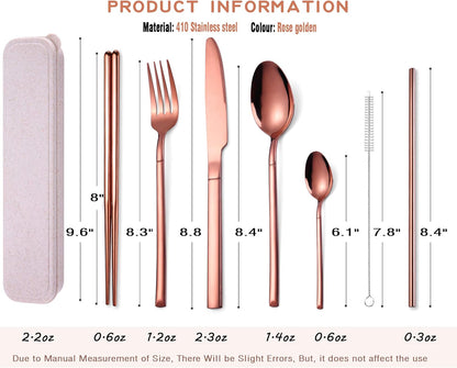 AARAINBOW 7 Pieces Stainless Steel Flatware Set Portable Reusable Cutlery Set Travel Utensils Set Including Chopsticks Knife Fork Spoon Straws Cleaning Brush Dishwasher Safe (Pink Golden)