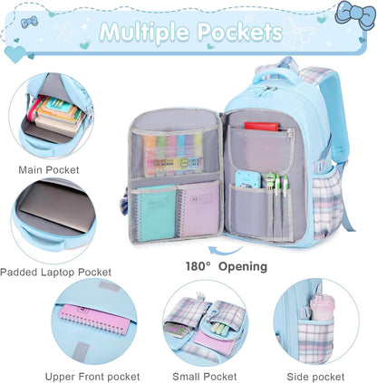 ACESAK Backpack for Girls - Bento Box with Insulated Lunch Bag Pencil Case & Utensils Set for Kids, 4 Leakproof Compartments Removable Tray Lunches or Snack Container for School (Black Purple)
