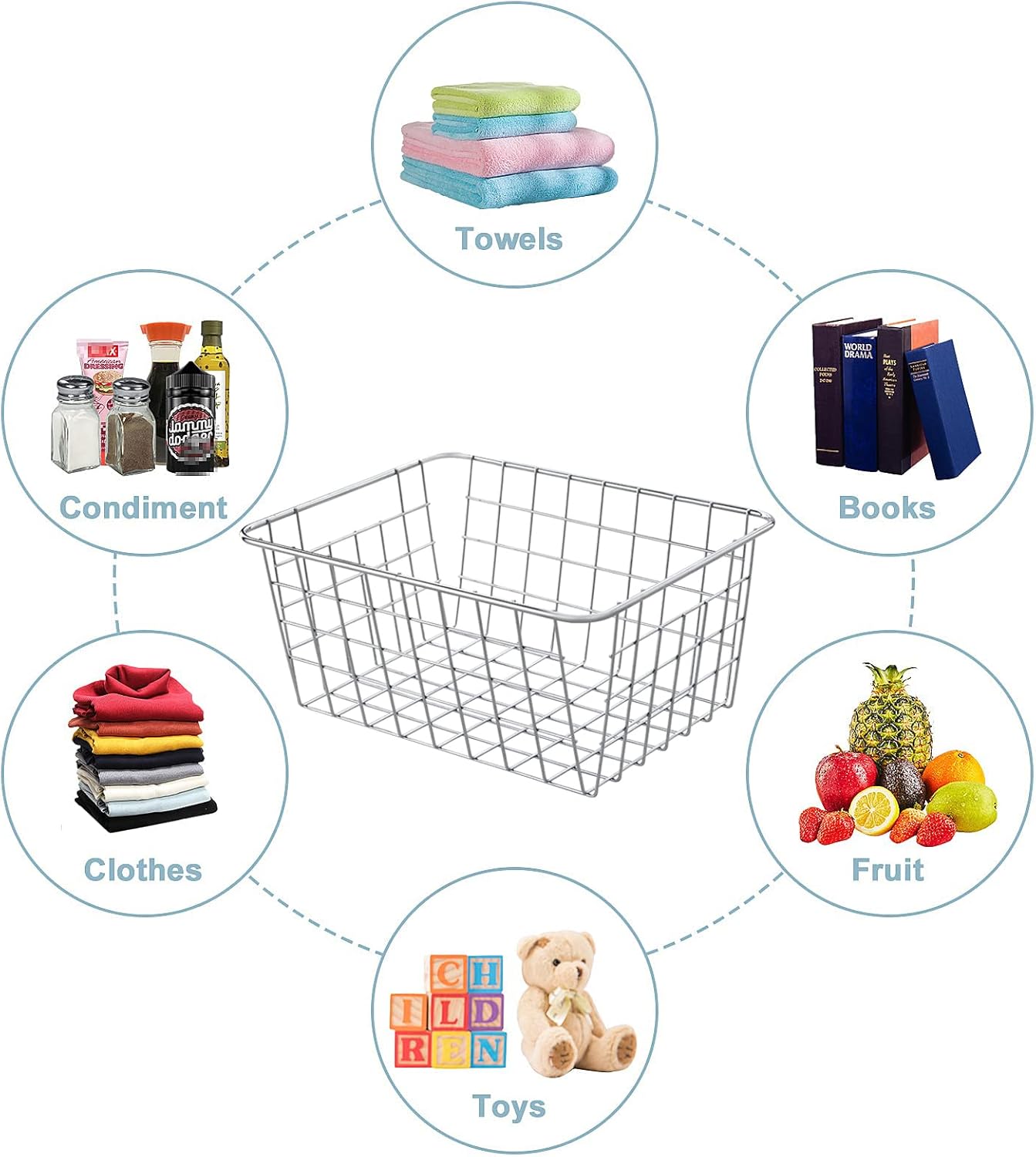 JUNCHU CHERRY Wire Kitchen Storage Basket 4 Packs,Perfect Pantry Organization Accessories Baskets,Laundry Basket,Countertop Organization,Suitable for Kitchen,Bathroom,Bedroom,Tabletop,Stackable,Chrome