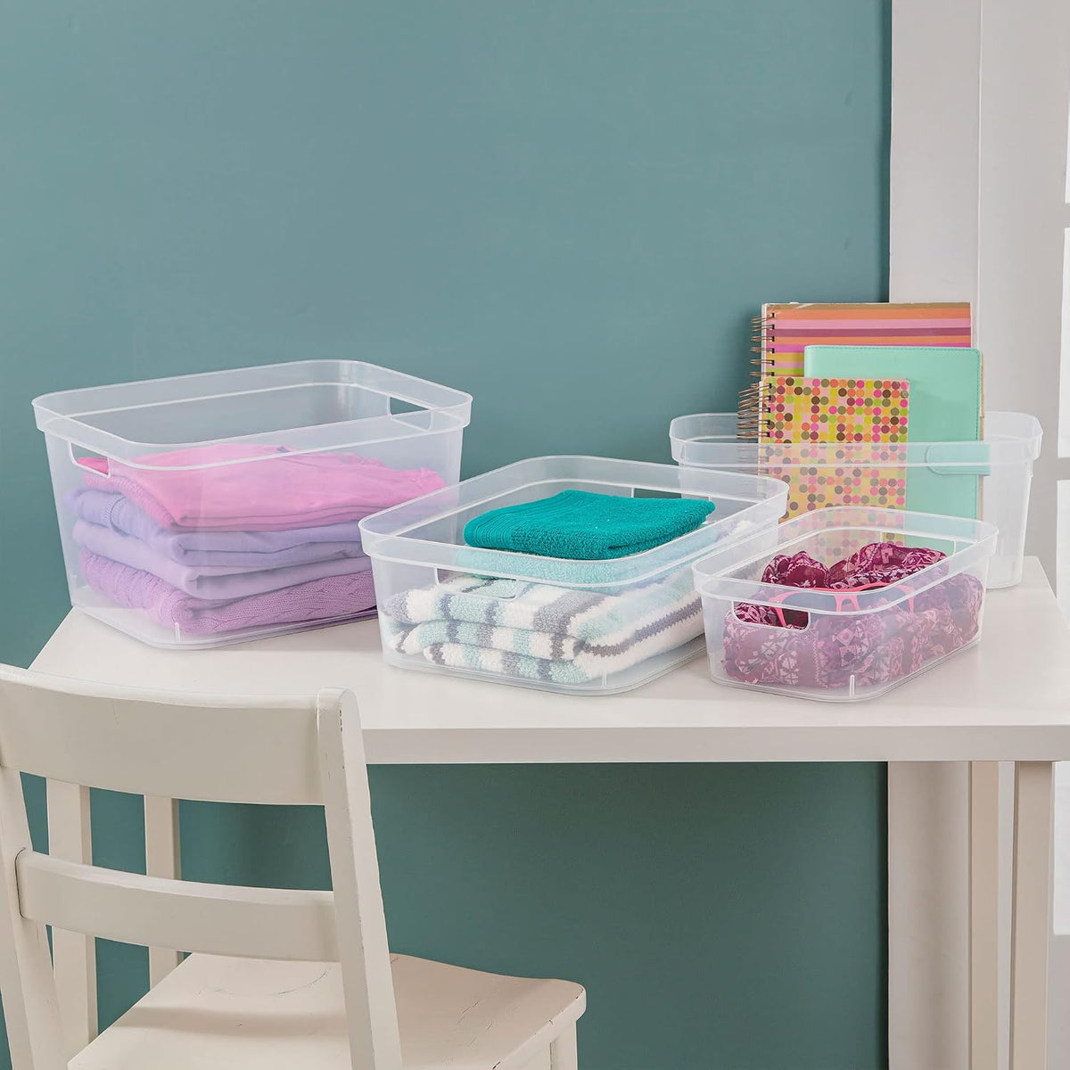 Sterilite 8.25x12.25x15 Inch Modern Polished Storage Bin w/Comfortable Carry Through Handles & Banded Rim for Household Organization, Clear (6 Pack)