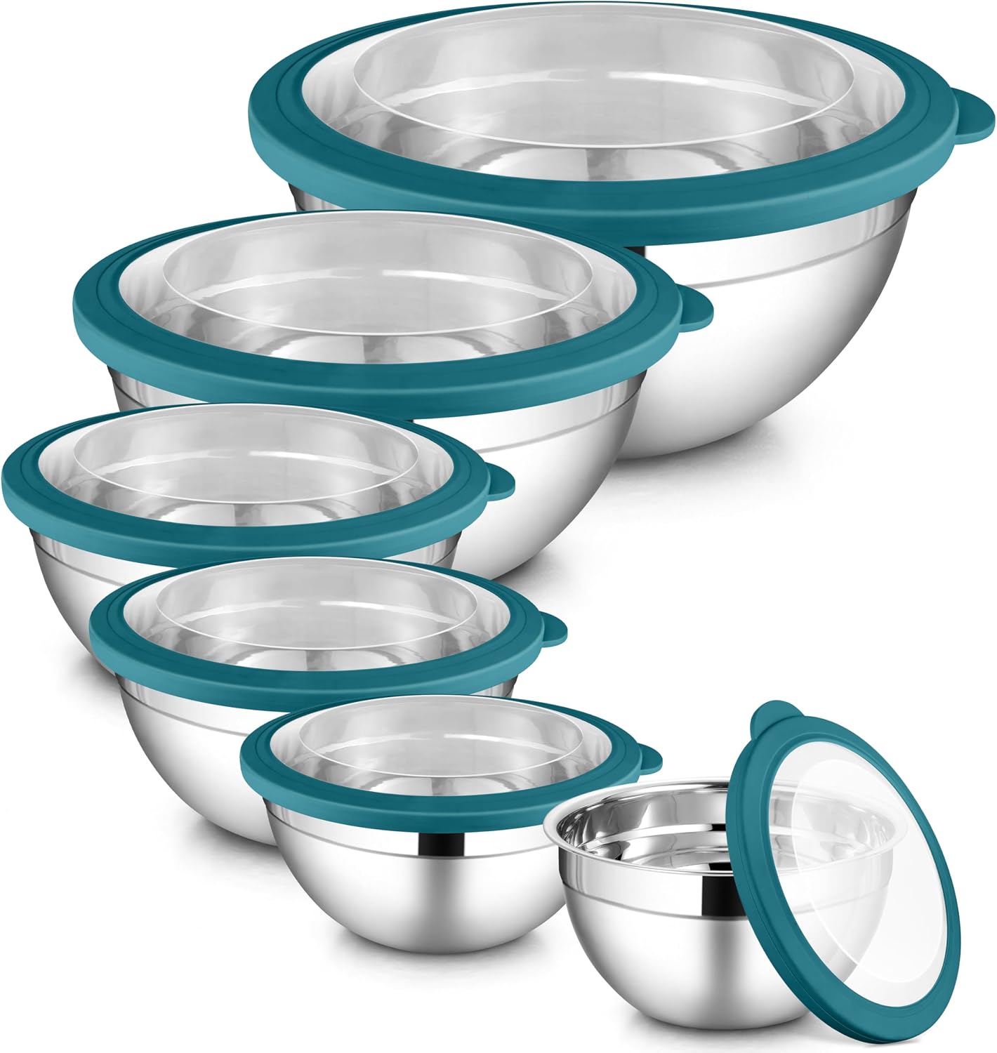 LIANYU Stainless Steel Mixing Bowls Sets of 6, Large 7, 3.5, 2.5, 2, 1.5, 1QT Size with Transparent Airtight Lids, Metal Nesting Serving Bowl Sets for Home Kitchen, Dishwasher & Freezer Safe, Black