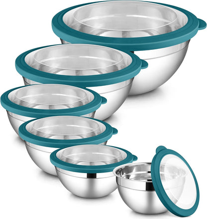 LIANYU Stainless Steel Mixing Bowls Sets of 6, Large 7, 3.5, 2.5, 2, 1.5, 1QT Size with Transparent Airtight Lids, Metal Nesting Serving Bowl Sets for Home Kitchen, Dishwasher & Freezer Safe, Black