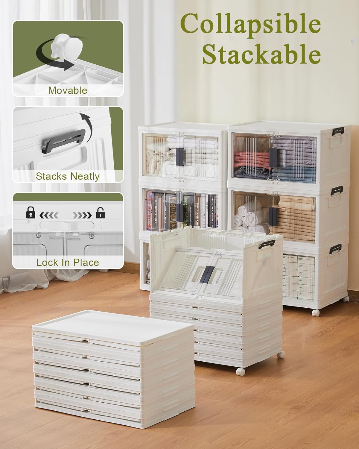 OlarHike 76QT Lockable Storage Bins with Lids - Folding Storage Box with Doors & Wheels, Collapsible Drawers for Home, Dorm, Closets, Office, School, College, Stackable Containers, 4 Pack Cubes