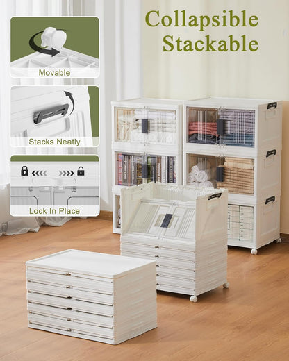 OlarHike 76QT Lockable Storage Bins with Lids - Folding Storage Box with Doors & Wheels, Collapsible Drawers for Home, Dorm, Closets, Office, School, College, Stackable Containers, 4 Pack Cubes