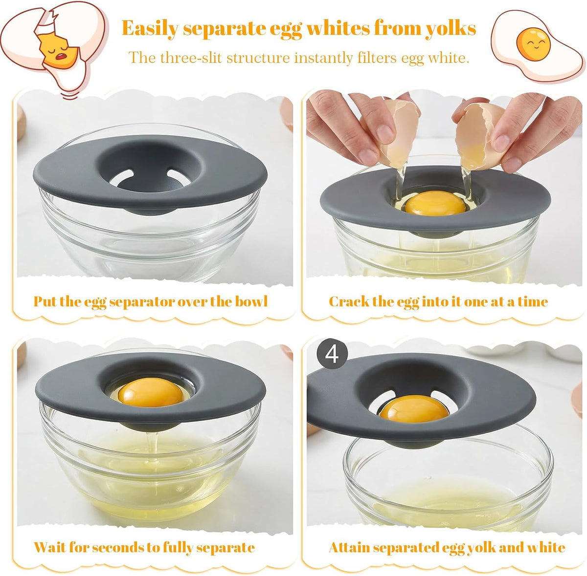 2PCS Silicone Egg Yolk Separator, Food-Grade Egg Separator for Raw Eggs, 3-Slit Yolk Separator Tool for Baking, Cooking