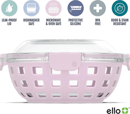 Ello DuraGlass Rounds Glass Food Storage Containers - Meal Prep Bowls with Silicone Sleeve and Airtight Lids, 3 Cup, Gray