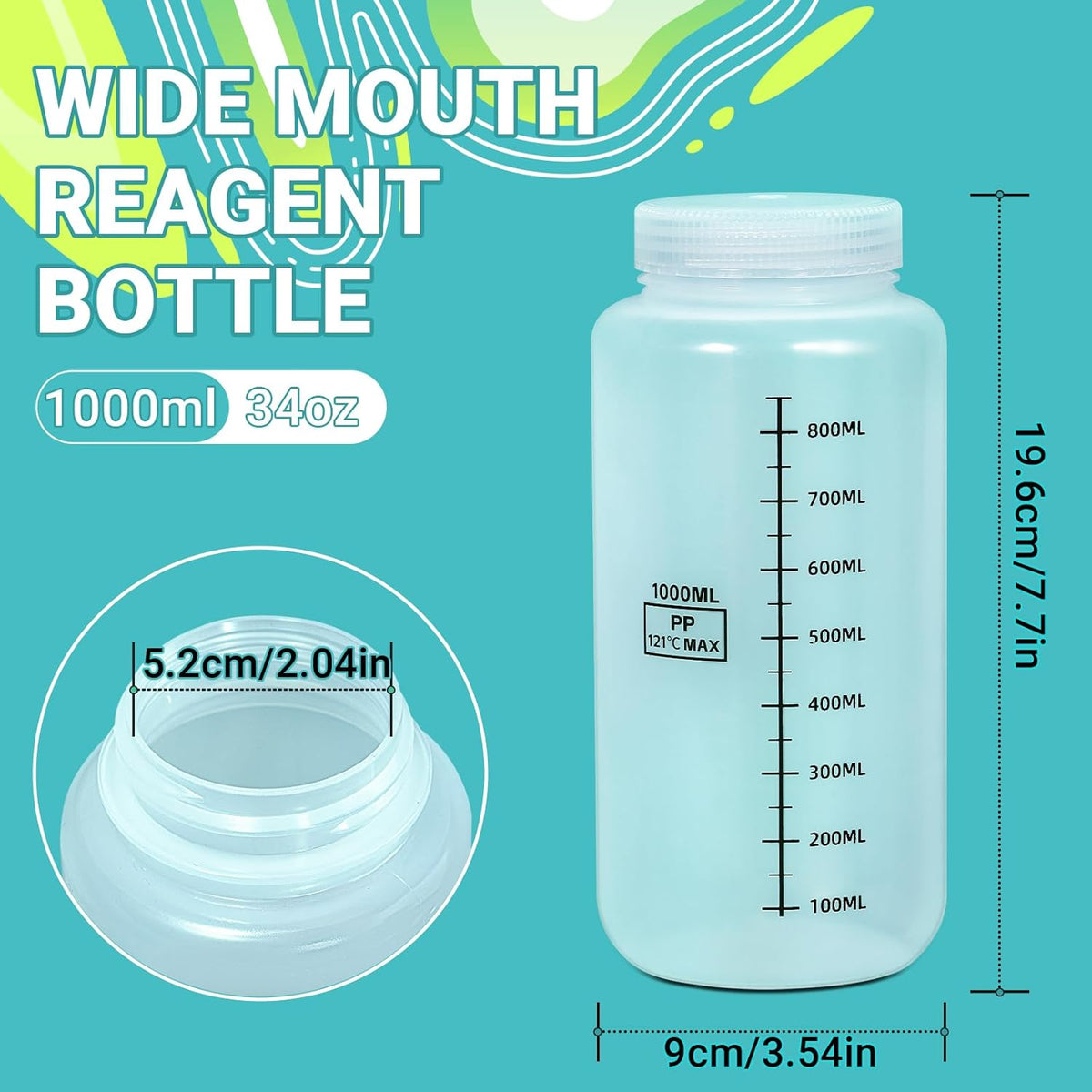 34oz/1000ml Wide Mouth Plastic Bottles with Airtight Lids, Graduated Food Grade Leak Proof PP Containers Jars for Water Sample Lab Reagent Liquid Medicine Storage (Transparent, 3 Pcs)