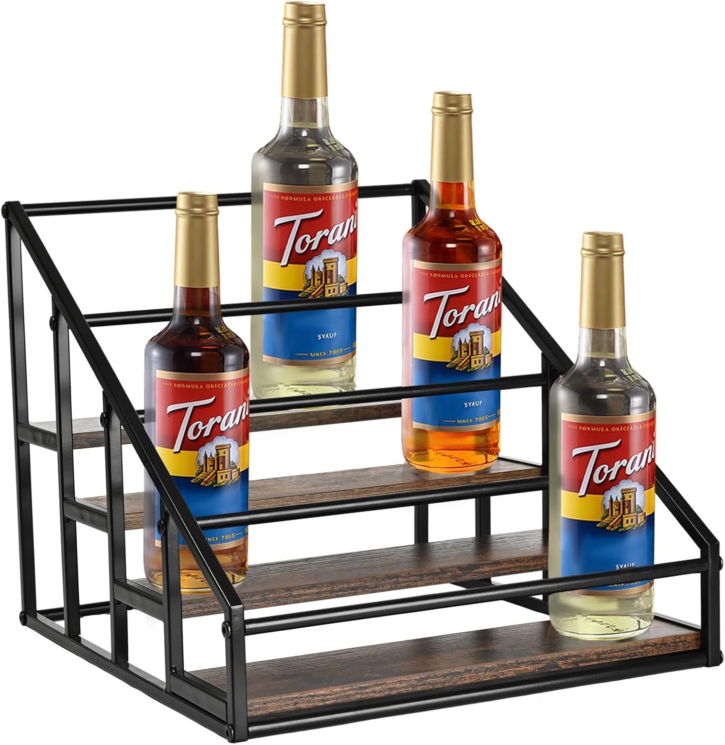 YQBRAO Coffee Syrup Rack Organizer,Liquor Bottle Display Shelf,2-Tier 4 Bottle Stand for Coffee Bar, Kitchen Station, Liquor, Wine, Dressing,Rustic Brown