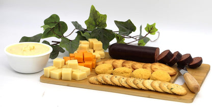 Gift Basket Village Charcuterie Board Gift Set – Bamboo Cutting Board, Three-Pepper Crackers, Italian Sausage, Wisconsin Cheese, Cheese Spread, and Knife – Wedding or Housewarming Gift