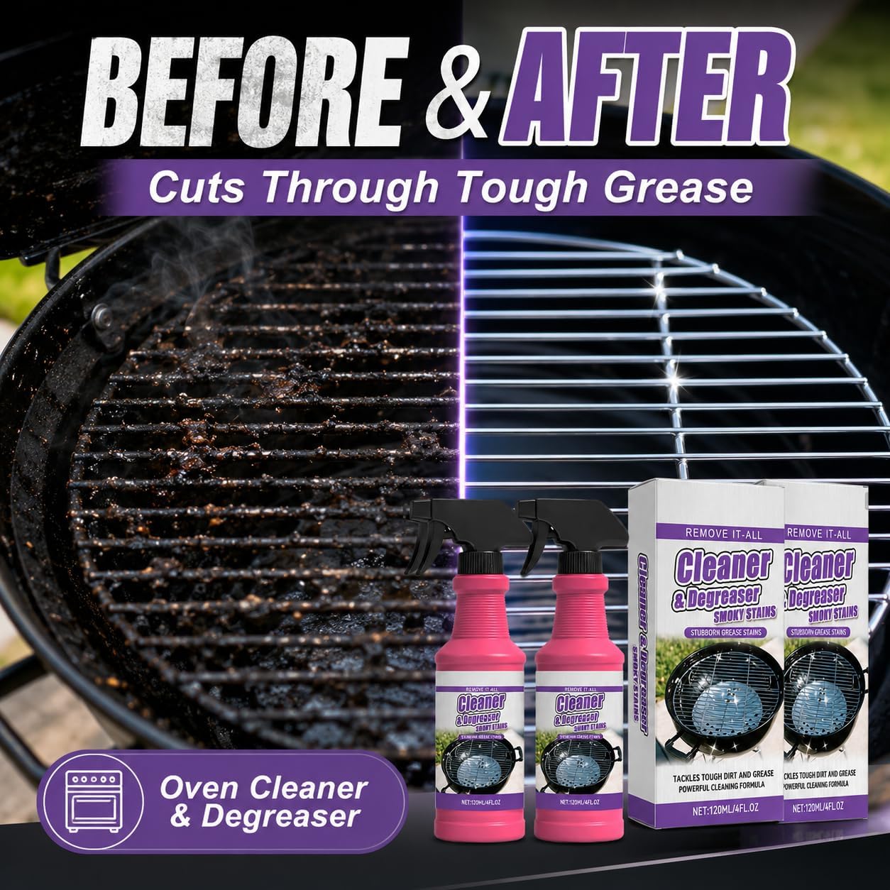 Fast-Acting Heavy-Duty Grill Degreaser Spray, 2Pcs BBQ Heavy Duty Degreaser Grill Cleaner Spray, Grills Cleaner Spray For Outdoor Grills