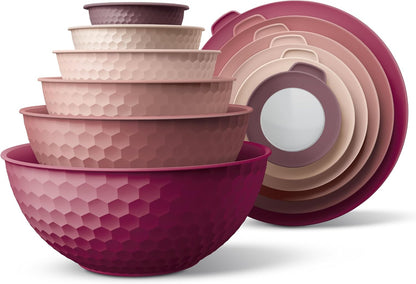 COOK WITH COLOR Mixing Bowls with Lids - 12 Piece Plastic Nesting Bowls Set includes 6 Prep Bowls and 6 Lids, Microwave Safe Mixing Bowl Set, Pink Embossed - Colors A