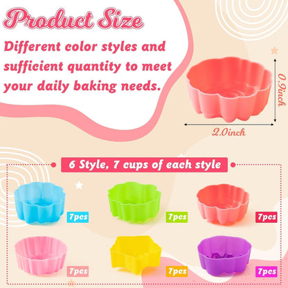 R HORSE 42Pcs Silicone Molds Cupcake 2 Inch Mini Size Reusable Muffins Liners Washable Non-Stick Donut Wrapper Mold Flower Shapes Baking Cups for Pan Oven Microwave Dishwasher