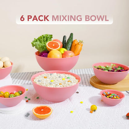 BoxedHome BPA Free Plastic Round Mixing Bowl with Lids, 12 Pack Nesting Bowls with Lids Set, Microwave and Dishwasher Safe Prep & Serving Bowls Great for Mixing, Baking, Serving (pinkish green, 12pcs)