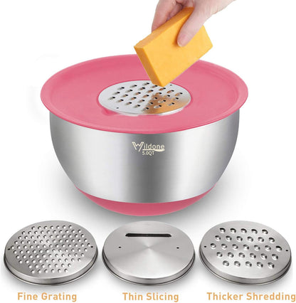 Wildone Mixing Bowls with Airtight Lids Set, 5PCS Stainless Steel Khaki Nesting Bowls for Kitchen, with Grater Attachments & Non-Slip Bottoms, Size 5, 3, 2, 1.5, 0.63 QT, Great for Mixing & Serving