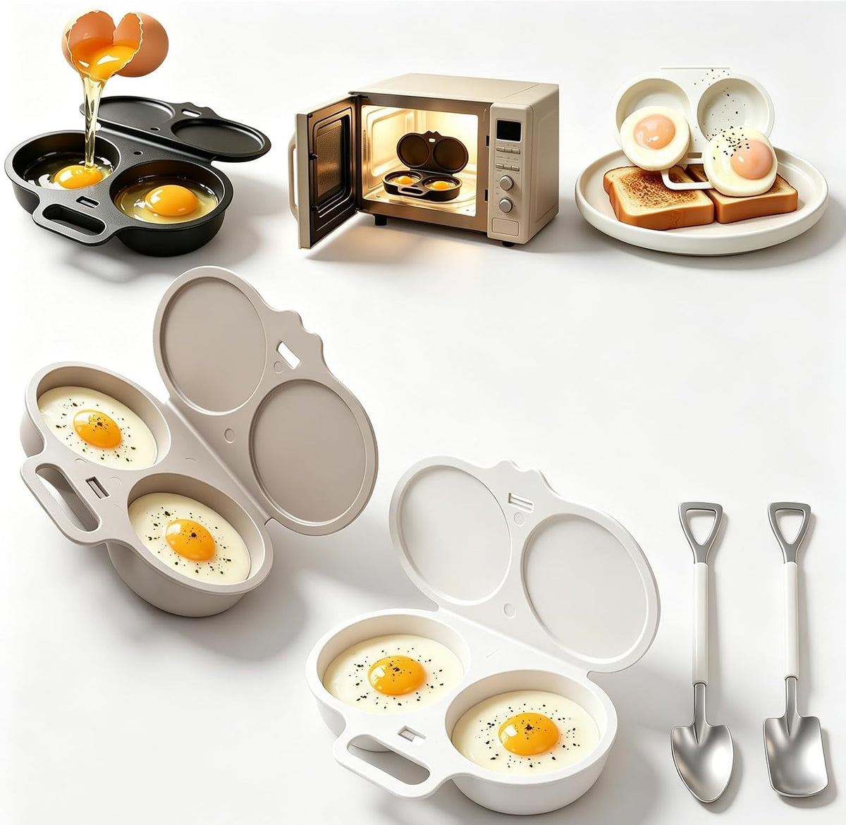 2027 Dual Cavity Microwave Egg Poacher With Lid & Handle，Black*2