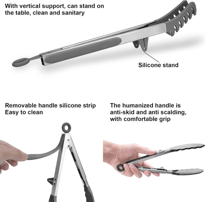 4in1 Stainless Steel Kitchen Food Tongs Set for Cooking with Silicone Tips, Toaster Steak Pie Pizza Pasta Spaghetti Noodles Salad Fruit Vegetable Grill BBQ Buffet Clamp Serving Tools Gadgets