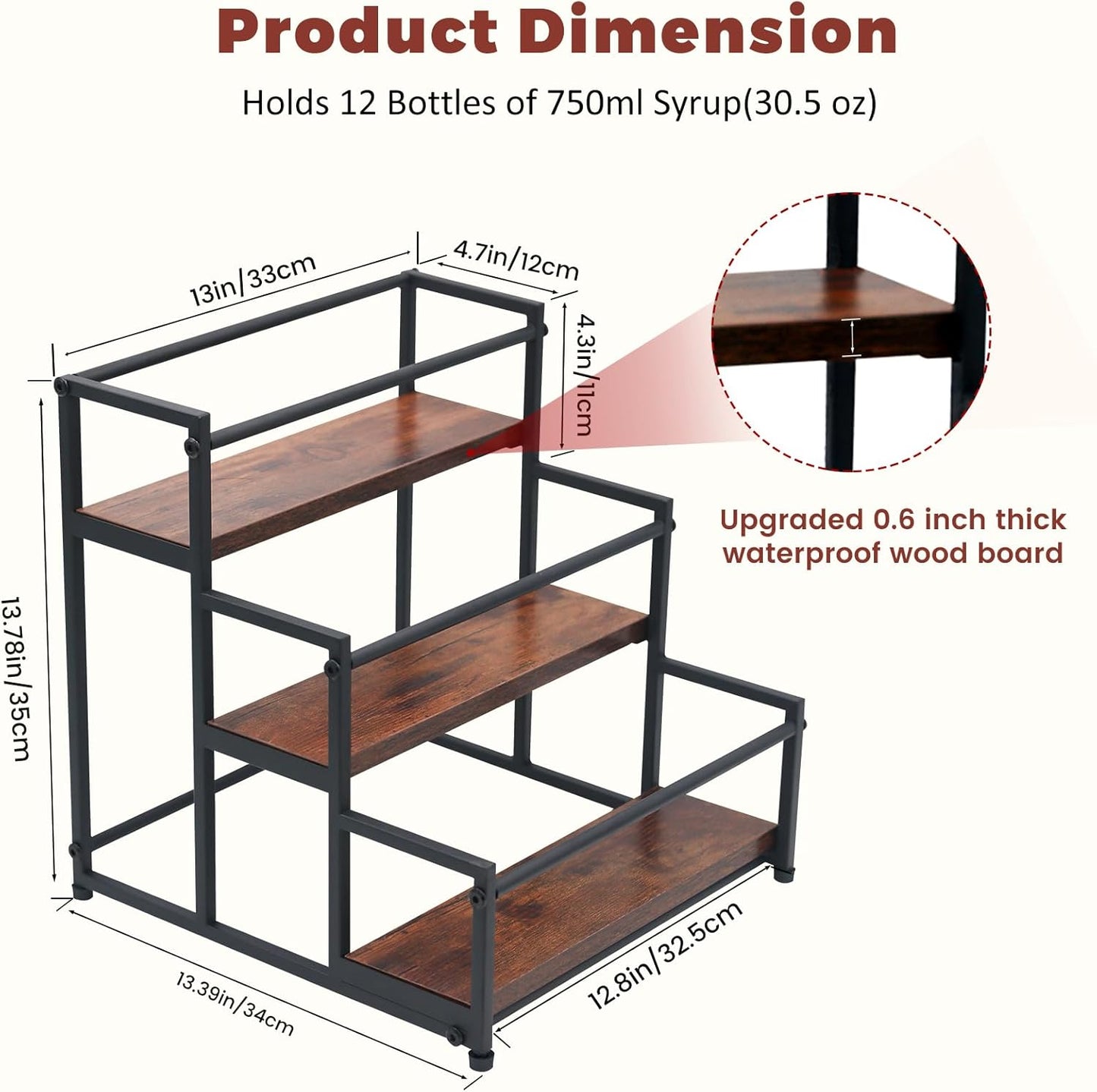 Countertop Liquor Bottle Organizer Shelf, 3-Tier | Rustic Display Rack, For Wine & Coffee Syrups, Freestanding Bar and Kitchen Storage, Easy-Carry Handles