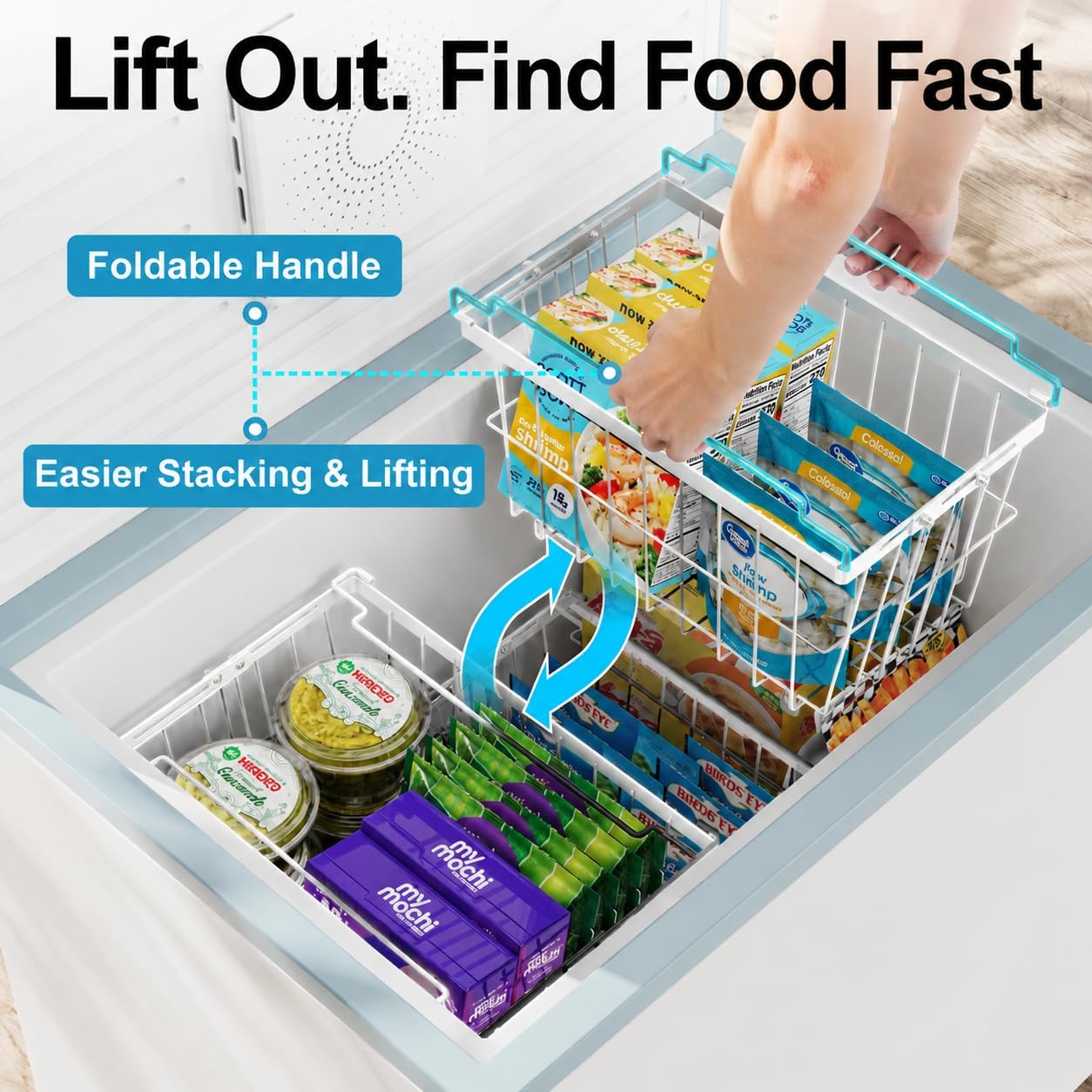 iSPECLE Chest Freezer Organizer - Adjustable Width & Extra Depth, 3 Pack | For 5-7 Cu Ft Chest Freezers, Stackable Large Freezer Organizer Bins, Easy Food Access & Organization, No Wasted Space, White