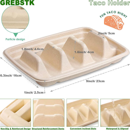 GREBSTK 30 Pack Disposable Taco Holders, Compostable Bagasse Pulp Taco Plates with 3 Dividers for Taco Tuesday Party, Lazy Susan Bar Serving Set for Tacos, Hot Dogs, Sandwiches