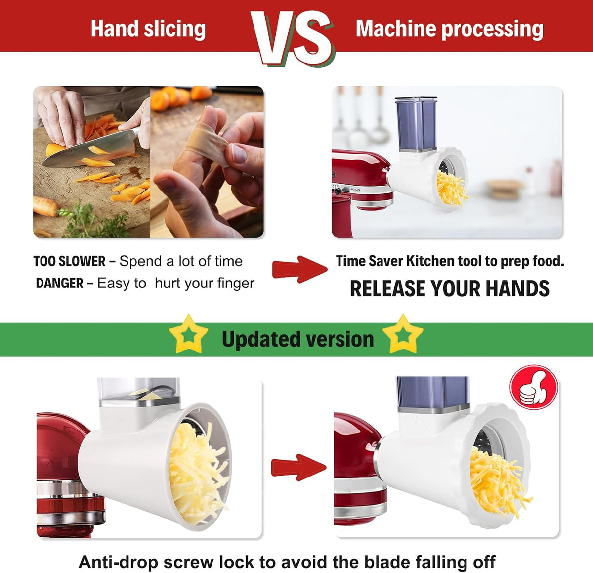 Upgraded Version - Cheese Grater Slicer Shredder Attachments for All KitchenAid Stand Mixers, Food Slicers Salad Maker Accessory Vegetable Chopper with 4 Blades Dishwasher Safe