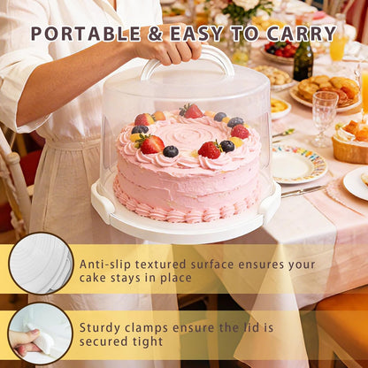 Plastic Cake Carrier with Lid and Handle, Multipurpose Cake Stand Holder Container for 11 in Cake, Round Cupcake Storage Box Serving Tray with Cover for Bundt Dessert Pie Pizza Eggs Fruit White