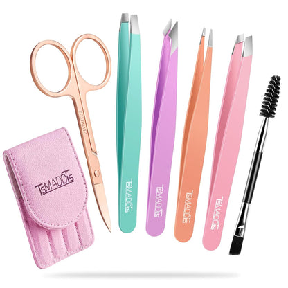 TsMADDTs Eyebrow Tweezers Set and Curved Scissor, Professional Stainless Steel Tweezers for Women and Men, Splinter and Ingrown Hair Removal