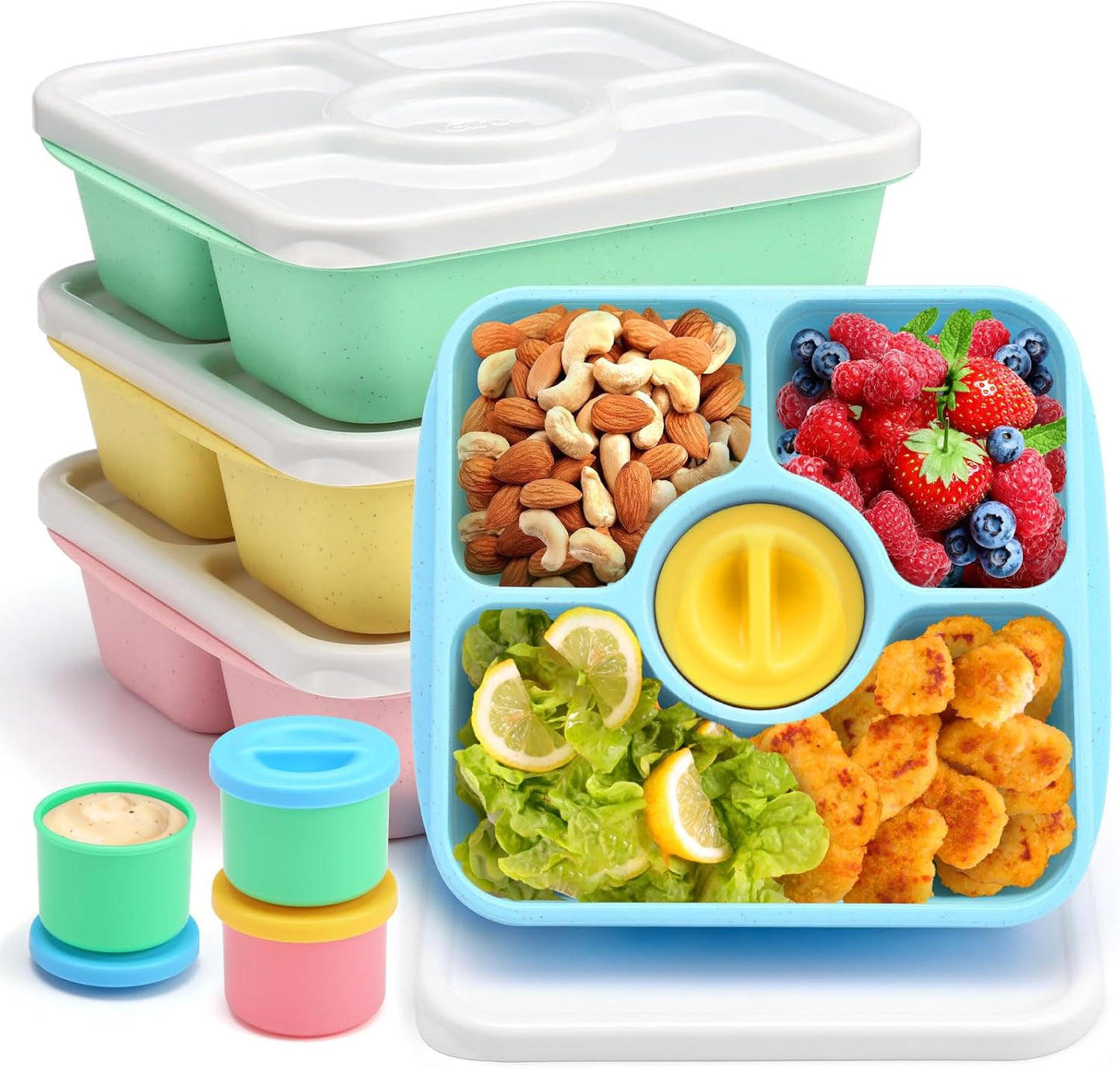 Bento Snack Box Containers for Adults Kids, 4 Pack Lunchable Meal Prep Containers Reusable, Stackable Bento Lunch Box, Food Storage Prep Containers with Lids and 4 Sauce Cups, Pastel Color, Clear Lid