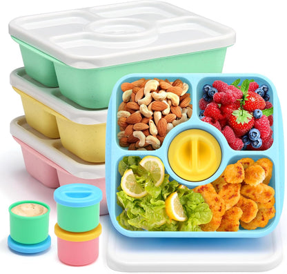 Bento Snack Box Containers for Adults Kids, 4 Pack Lunchable Meal Prep Containers Reusable, Stackable Bento Lunch Box, Food Storage Prep Containers with Lids and 4 Sauce Cups, Pastel Color, Clear Lid