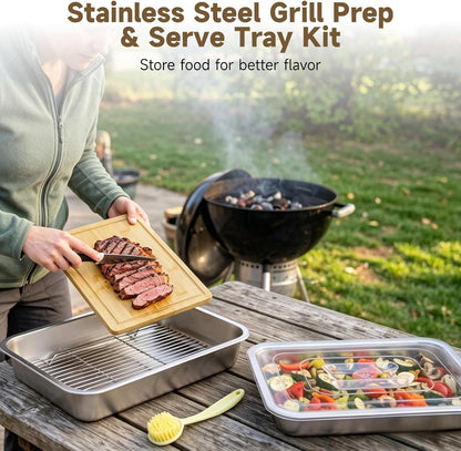 ZALIR Grilling Prep & Serve Trays Kit - 15.7 x 11.8 in Large Capacity Stainless Steel Pans with Lid, Rack, Cutting Board, Tongs, Brush for BBQ, Outdoor Cooking