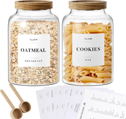 2 PCS Flour Sugar Storage Containers Glass Jar, 4000ml/1 Gallon/4.2 Qt/135oz,Large Glass Food Storage Jars with Wood Airtight Lids,for Tea,Spice,Cereal Rice Flour Pasta Sugar