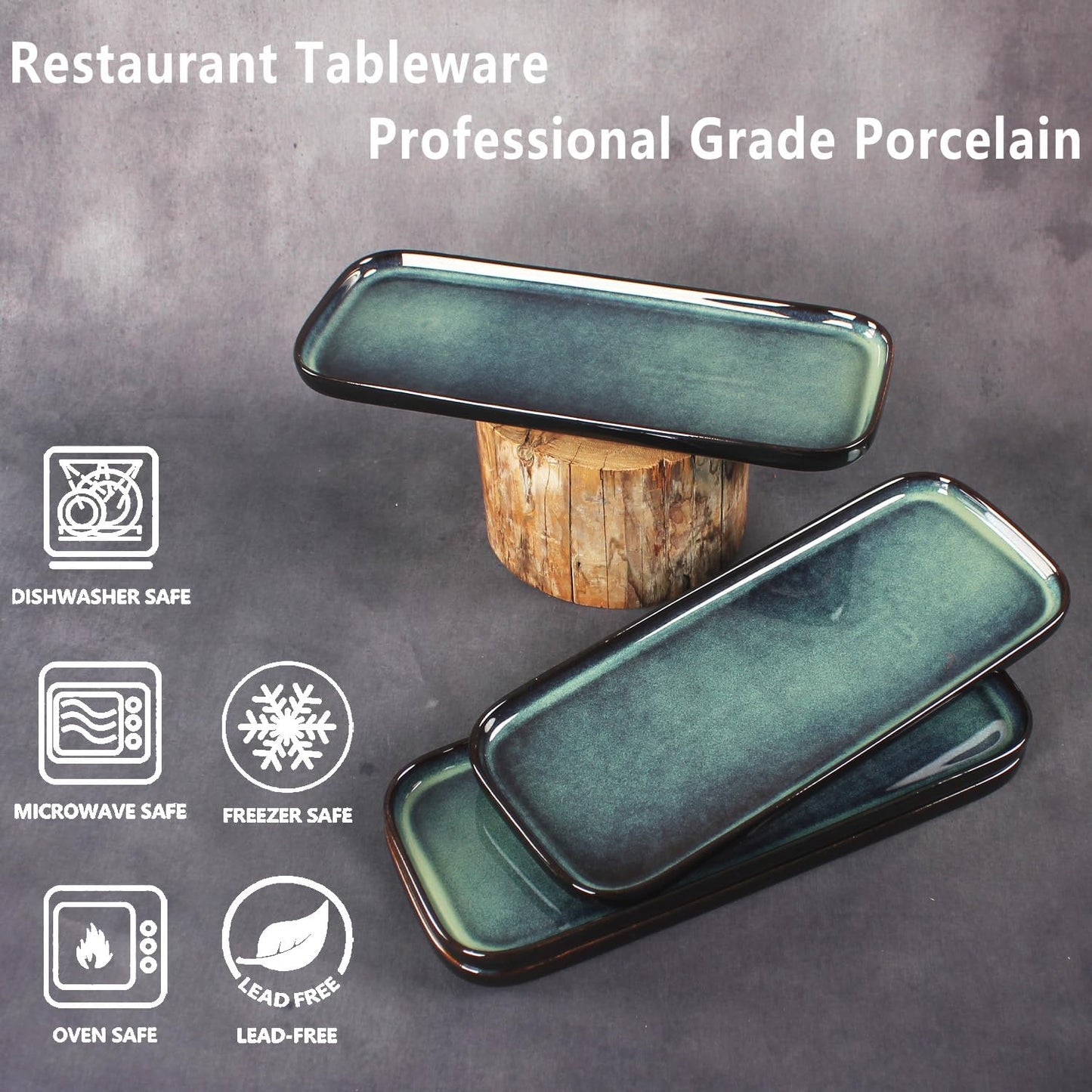 Porcelain Rectangular Plates, Large Cookie Trays, Set of 4, Shatterproof, Dishwasher-Safe, Perfect for Sushi, Baguettes, Snacks, Appetizers, Rolls, or Table Centerpieces.