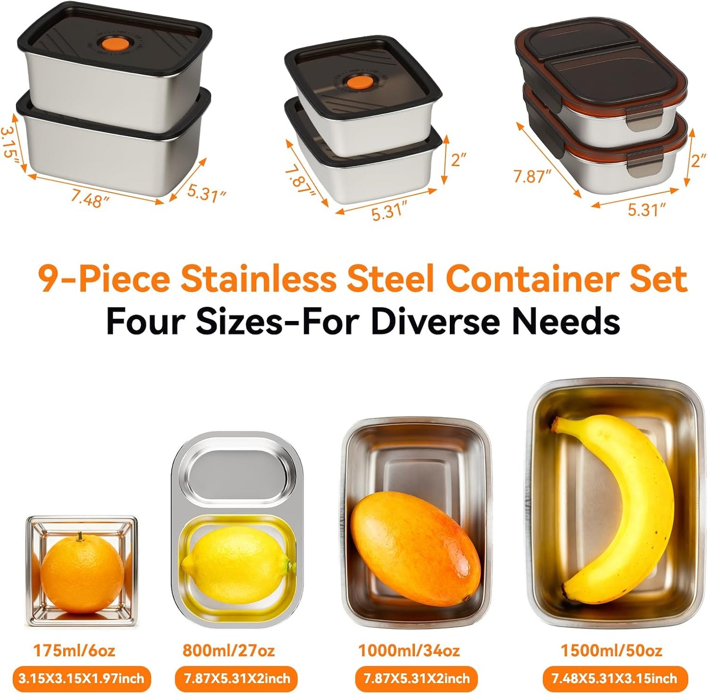 YUANYE 9 Pack 50/34/27/6oz Stainless Steel Food Storage Containers Sets, Leak-Proof Airtight Lunch Box with Lids, Small Snack Containers Oven/Dishwsher/Freezer Safe for Meal Prep, School, Work, Picnic