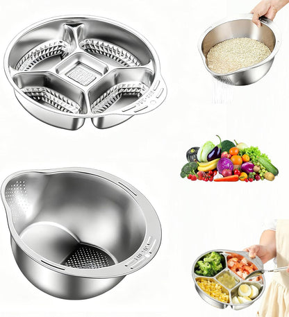 Rice Washer Strainer Bowl with Grater, Multipurse Stainless Steel Rice Colander with Side Drainer for Cleaning Quinoa, Fruits, Vegetables, Bean Versatile Kitchen Tool