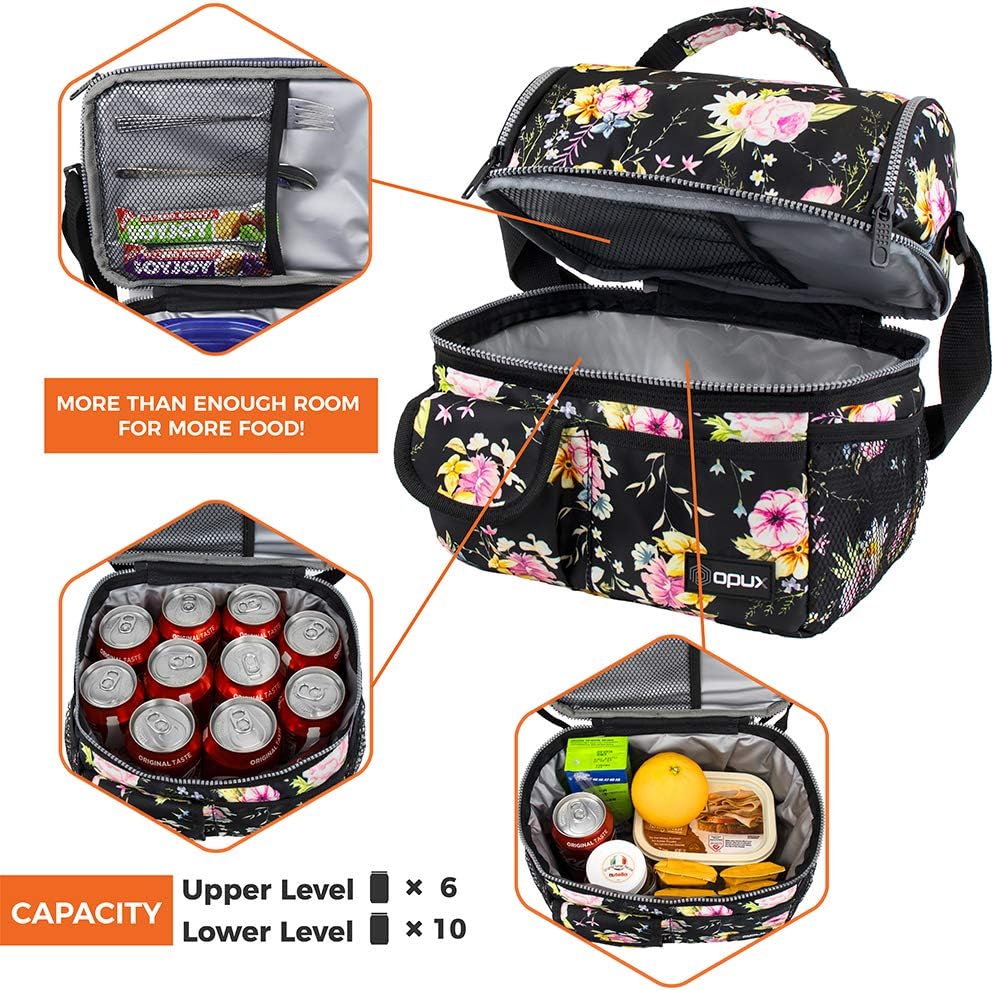 opux Insulated Lunch Bag Women Men, Dual Compartment Leakproof Lunch Box Adults Kids, Double Decker Meal Prep Bento Lunch Cooler Tote with Shoulder Strap for Work Office School Travel, Floral Purple