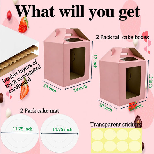 Cake Boxes - 2 Pack Tall Cake Box 12x12x14 Inch Disposable Layer Carrier with Window Large Tierd Cake Out Transport Containers with Handle for Wedding, Birthday, Party (White)
