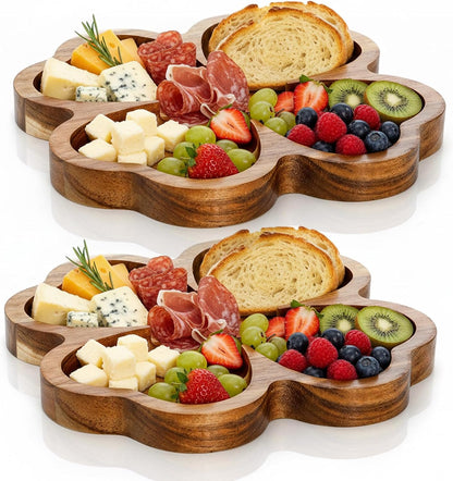 AVLA 2 Pack 8 Inch Wood Serving Platter Trays, Small Acacia Wooden Snack Board, Veggie Fruit Hosting Plate Dish, Food Serving Platter for Nuts Cheese Sushi Charcuterie Dessert, 4-Leaf Clover Design
