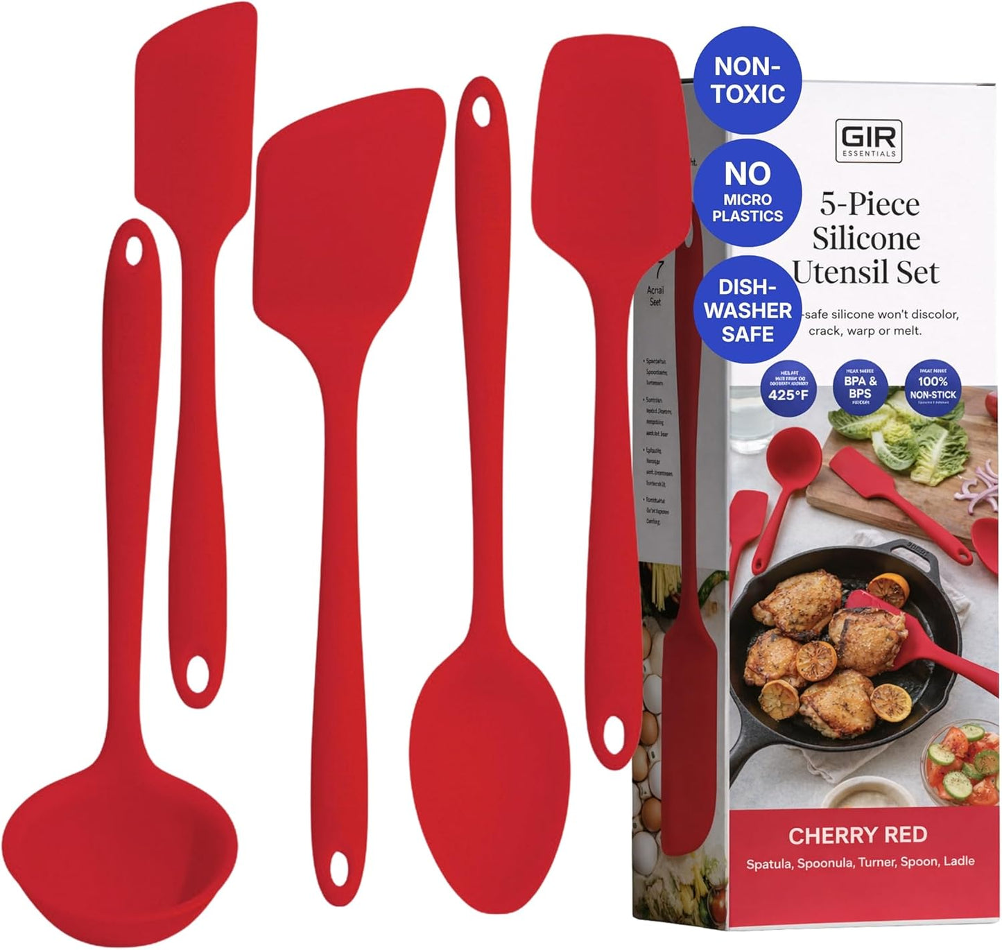 GIR 5-Piece Silicone Kitchen Utensils Set, Non-Toxic Cooking Utensils for Cooking and Baking, Heat Resistant, Food Grade, Dishwasher Safe Rubber Spatula, Ladle, Spoon - Charcoal
