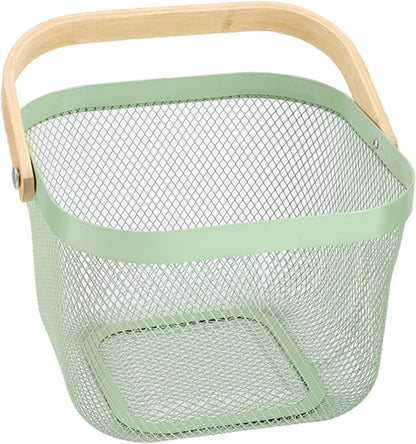AJIODA Metal Mesh Steel Basket, Storage Organizer Basket Multi-functional Hanging Kitchen Baskets Fruit Basket Bin with Bamboo Handle for Kitchen Bathroom Picnic Shopping Decor Cabinet Home, Blue