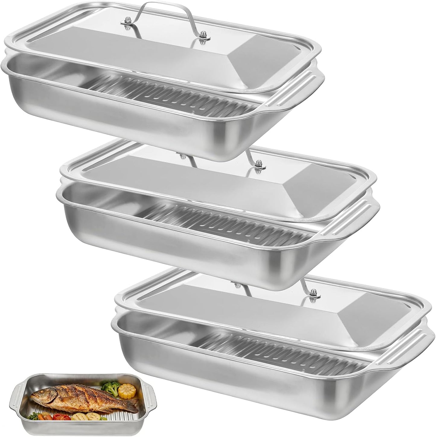 3 Pack Grilling Prep and Serve Trays Stainless Steel Grill Tray with Lid Grill Carry System for Large Capacity Food Prep Marinating Serving BBQ and Cooking Grilling Accessories Gifts for Men