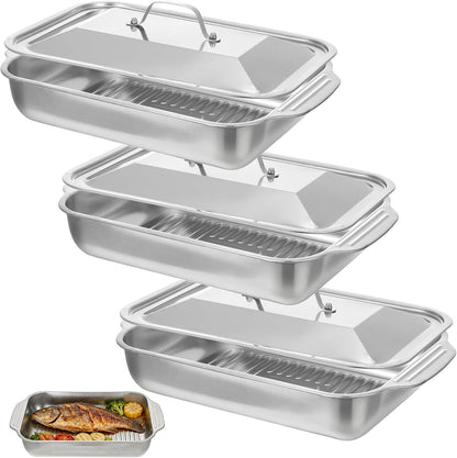 3 Pack Grilling Prep and Serve Trays Stainless Steel Grill Tray with Lid Grill Carry System for Large Capacity Food Prep Marinating Serving BBQ and Cooking Grilling Accessories Gifts for Men