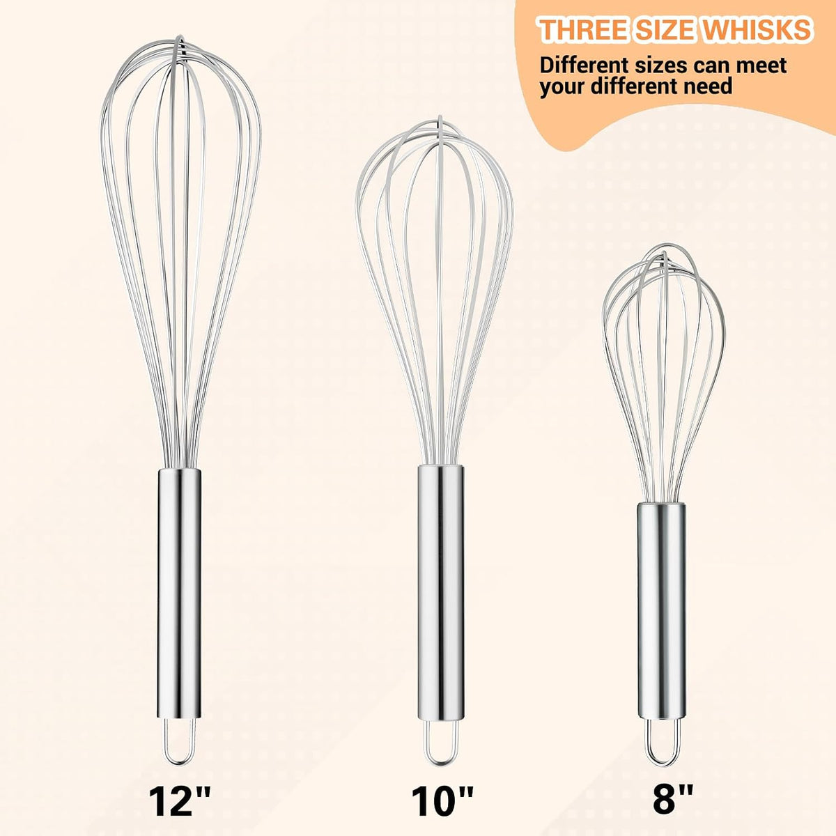 Metal Whisks for Cooking Stainless Steel Whisk Set 3 Pack Wisking Tool Balloon Wisk 8" 10" 12" Wire Whisk for Baking, Whisking, Mixing, Blending