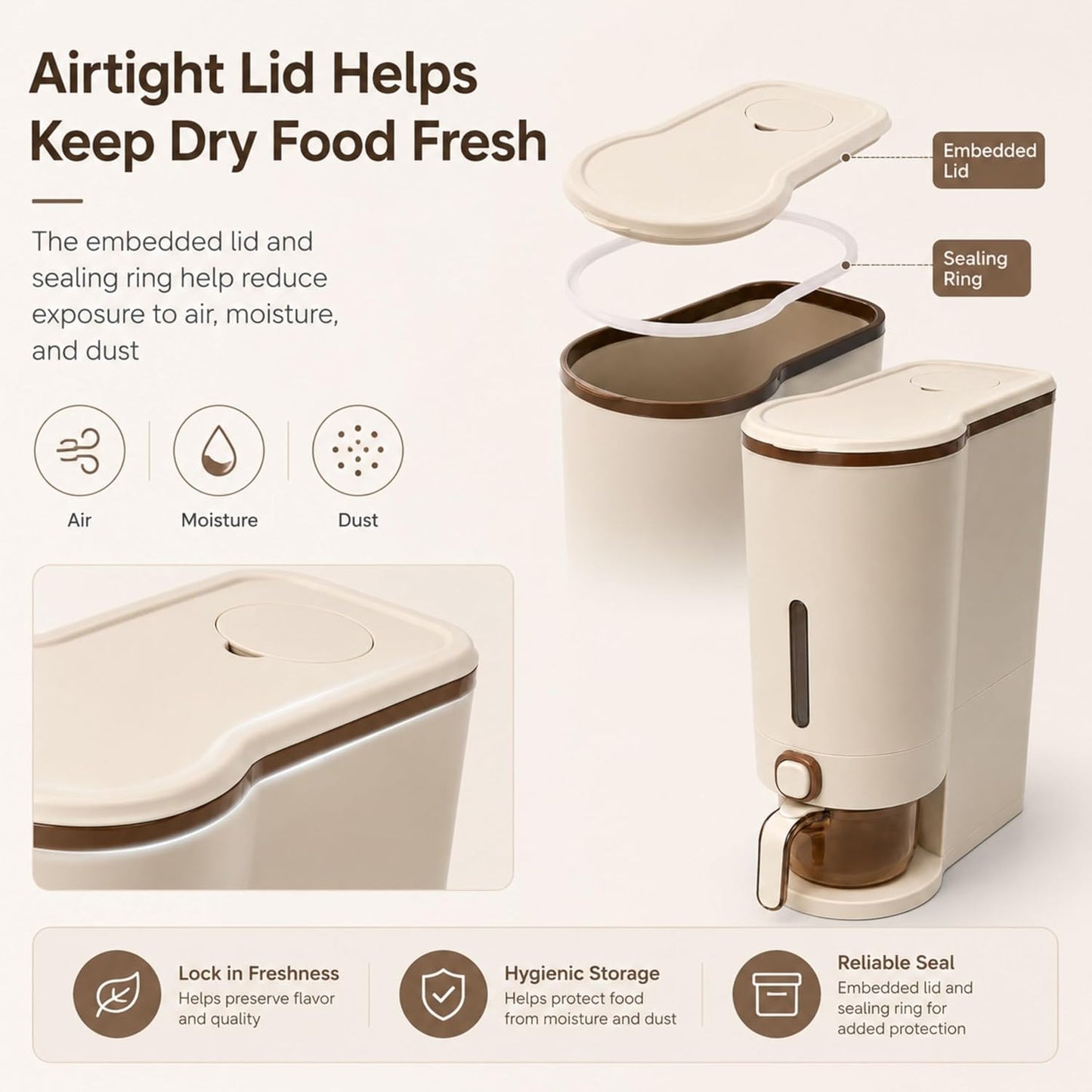 ROOM127 Slim Rice Dispenser 11 Lbs, Airtight Rice Storage Container with Measuring Cup, One-Touch Dry Food & Cereal Dispenser with Clear Window for Kitchen Countertop, Milk Tea Brown