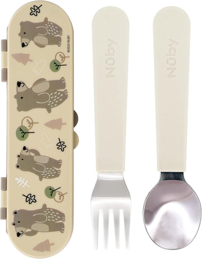 Nuby Stainless Steel Toddler Utensils with Travel Case - Self-Feeding Fork & Spoon Set for Kids - Easy-to-Hold Training Utensils - Rounded Safe Edges for Self-Feeding - Unicorns