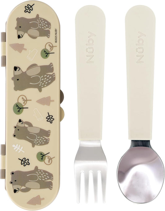 Nuby Stainless Steel Toddler Utensils with Travel Case - Self-Feeding Fork & Spoon Set for Kids - Easy-to-Hold Training Utensils - Rounded Safe Edges for Self-Feeding - Unicorns