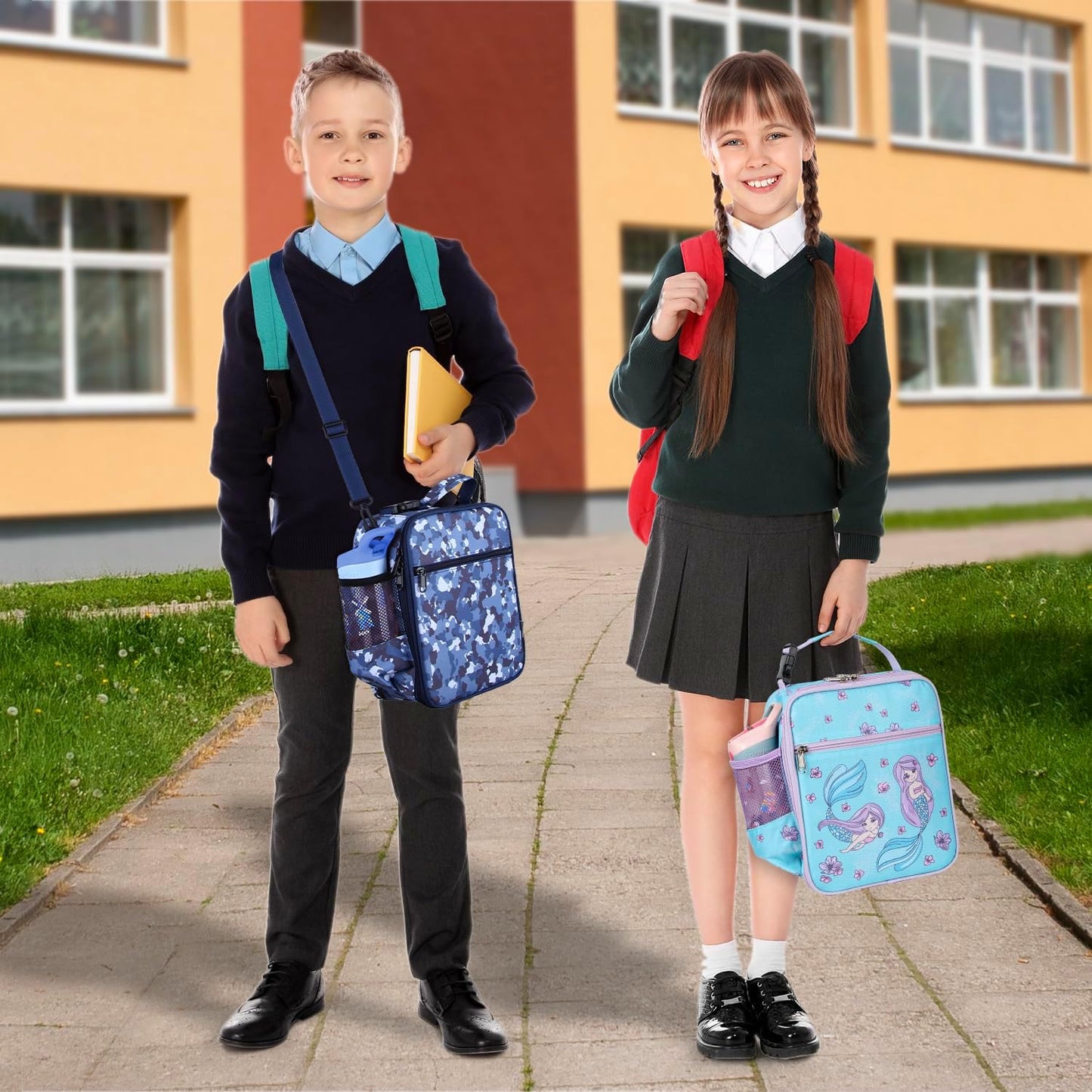 Kids Insulated Lunch Box Bag, Thermal Picnic Cool Bags with Adjustable Strap for Adults Children Women Men Boys Girls School Work (CAM-Blue)